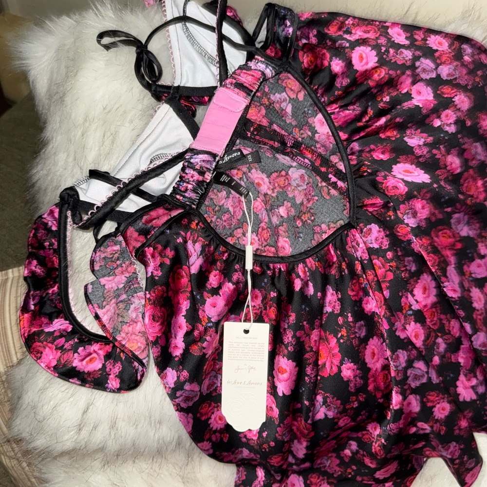 For Love and Lemon Lola Babydoll dress-  Black Pink Floral - Picture 6 of 11